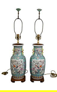 Pair Chinese Decorative Lamps, Bird & Floral Panels on Turquoise and White Ground, 37"h: Pair Chinese Decorative Lamps, Bird & Floral Panels on Turquoise and White Ground, 37"h