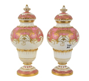 Pair Minton Circa 1900 Covered Urns/Jars, Pink with Gilded Accents, 11"h (some wear at bases)