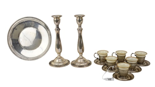 Lenox Porcelain Cups with Sterling Reticulated Holders, Single Sterling Round Plate 9 inches