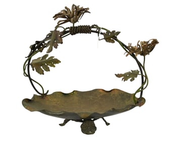 Footed Lily Pad Oriental Brass Incised Basket with Folded Rim, Handle Has Sculptural Flowers, 16"H x