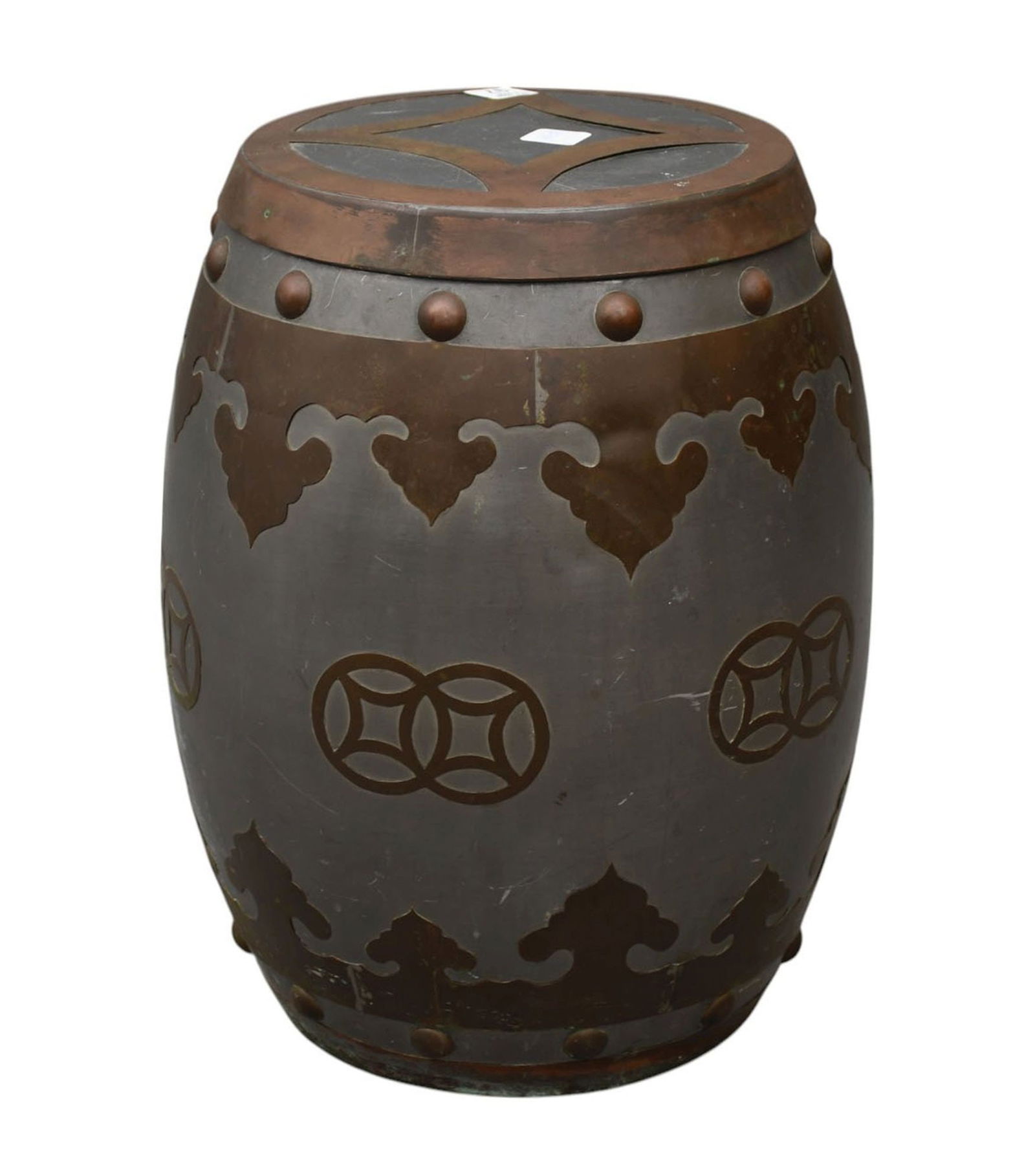 Asian Motif Mixed Metal Garden Seat, 18"h x 10"dia: Asian Motif Mixed Metal Garden Seat, 18"h x 10"dia