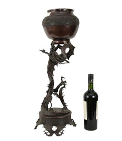 Asian Bronze Sculpture in Form of Dragon Supporting Bowl, Pedestal Sculptural Base, 26"H x 6"