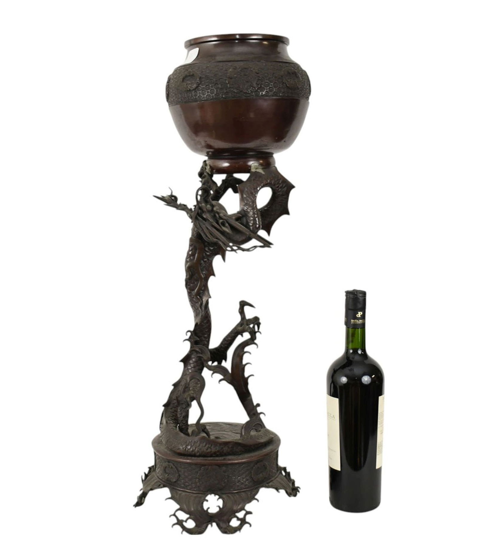 Asian Bronze Sculpture in Form of Dragon Supporting Bowl, Pedestal Sculptural Base,  26"H x 6" (1 of 12)