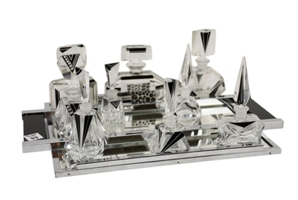 Group of Nine Miscellaneous Probably Karl Palda Czech Art Deco Black and Clear Perfume Bottles,