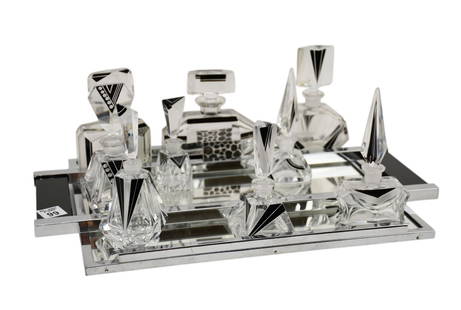 Group of Nine Miscellaneous Probably Karl Palda Czech Art Deco Black and Clear Perfume Bottles,: Group of Nine Miscellaneous Probably Karl Palda Czech Art Deco Black and Clear Perfume Bottles, 20th Century, Of various shapes and sizes, H. 6” the tallest, H. 4 ½” the shortest, T