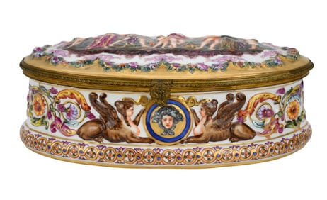 Oval Capodimonte Hinged Dresser Box, Beautiful Relief Design Top & Sides, Circa 1800, 3 1/2"H x 11