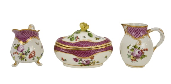 3 pcs. of Royal Vienna: 2 creamers, 1 covered box (flower finial with slight roughage)