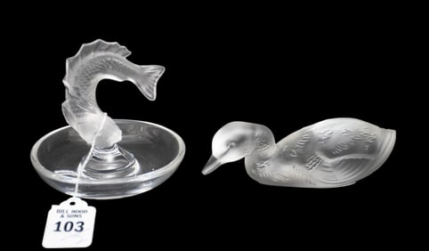 Lalique "Fish" Ring Dish, 4 1/2"h x 4"w, AND Baccarat Duck, 2"h x 5"w