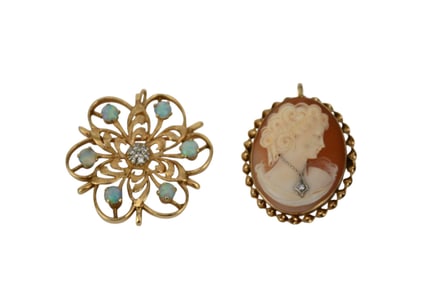 2 - 14K Yellow Gold Pendant Brooch. Opal Diamond 1.5" x 1.5" and Cameo 1.5" x 1.25" wt. 16.1 grams