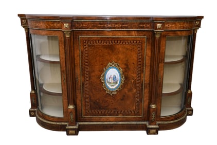 Burlwood French Style Sideboard with Gilt Metal Accoutrements, center door with porcelain plaque,