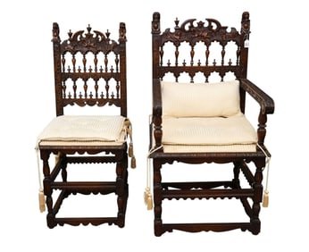 2 Continental Carved Chairs, 1 Armchair and 1 Side Chair, custom ivory upholstery, lion finial (1