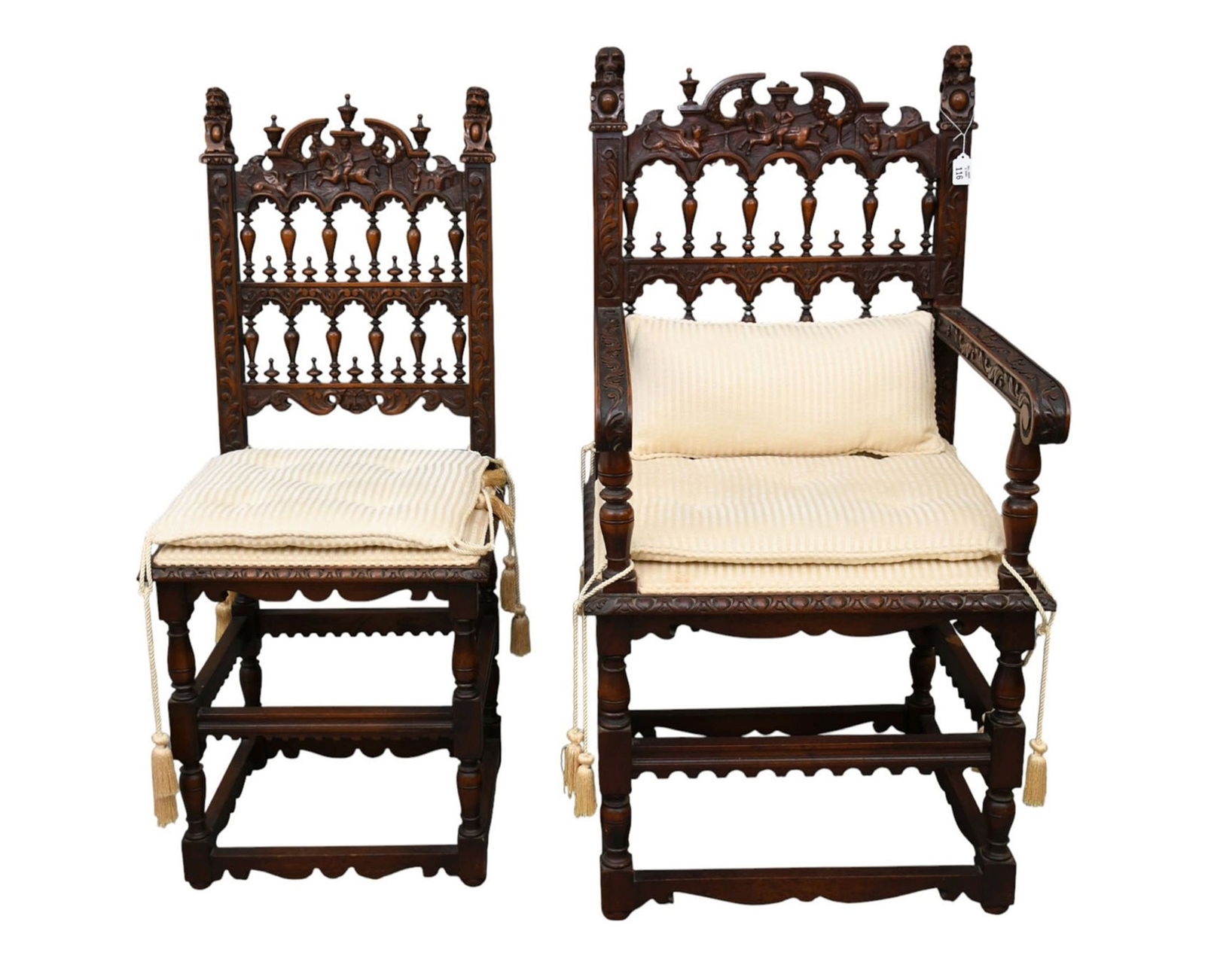 2 Continental Carved Chairs, 1 Armchair and 1 Side Chair, custom ivory upholstery, lion finial (1 (1 of 7)