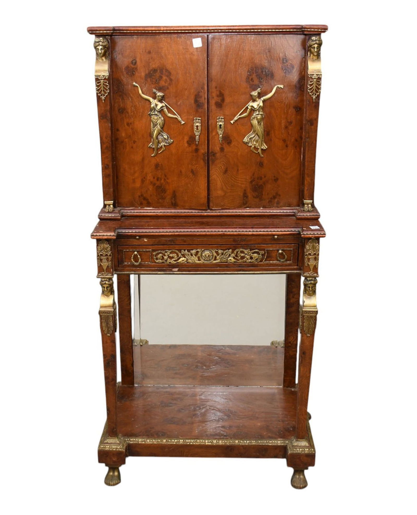 Burled Wood Cabinet with Brass Mounts, 2 doors over single drawer over tapering legs with mirrored (1 of 8)