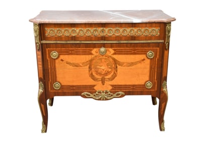 3 drawer French Style Chest with metal mounts, marquetry angel in center, marble top, 32"h x 37"w x