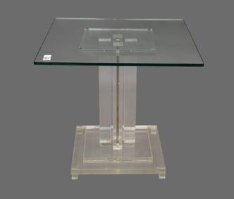Lucite Base Side Table, 4 columns stacked base with square glass top, 22"h x 24"