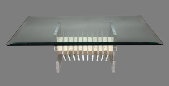2 pc. Coffee Table, Beveled Glass Top on Lucite & Fitted Stone Base,15"h x 48"w x 30"d