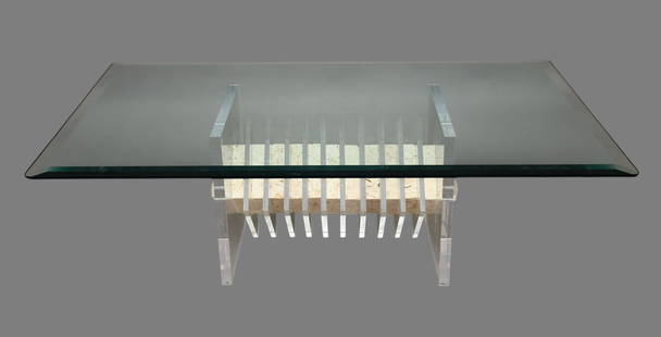 2 pc. Coffee Table, Beveled Glass Top on Lucite & Fitted Stone Base,15"h x 48"w x 30"d: 2 pc. Coffee Table, Beveled Glass Top on Lucite & Fitted Stone Base,15"h x 48"w x 30"d