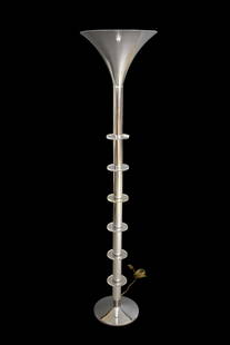 Mid-Century Floor Lamp, chrome and Lucite spheres, inverted trumpet top, 63"h x: Mid-Century Floor Lamp, chrome and Lucite spheres, inverted trumpet top, 63"h x 15"d ***If this item is not picked up by the Friday following the auction, it will be moved to offsite storage and picku