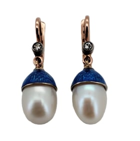 Vintage Imperial Era 14 K Rose Gold Diamond Enamel Pearl Earrings. Total weight: 6.6 grams.