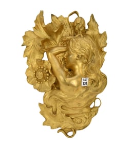 Art Nouveau Style High Relief Gilt Bronze Wall Ornament, depiction of a female laying against