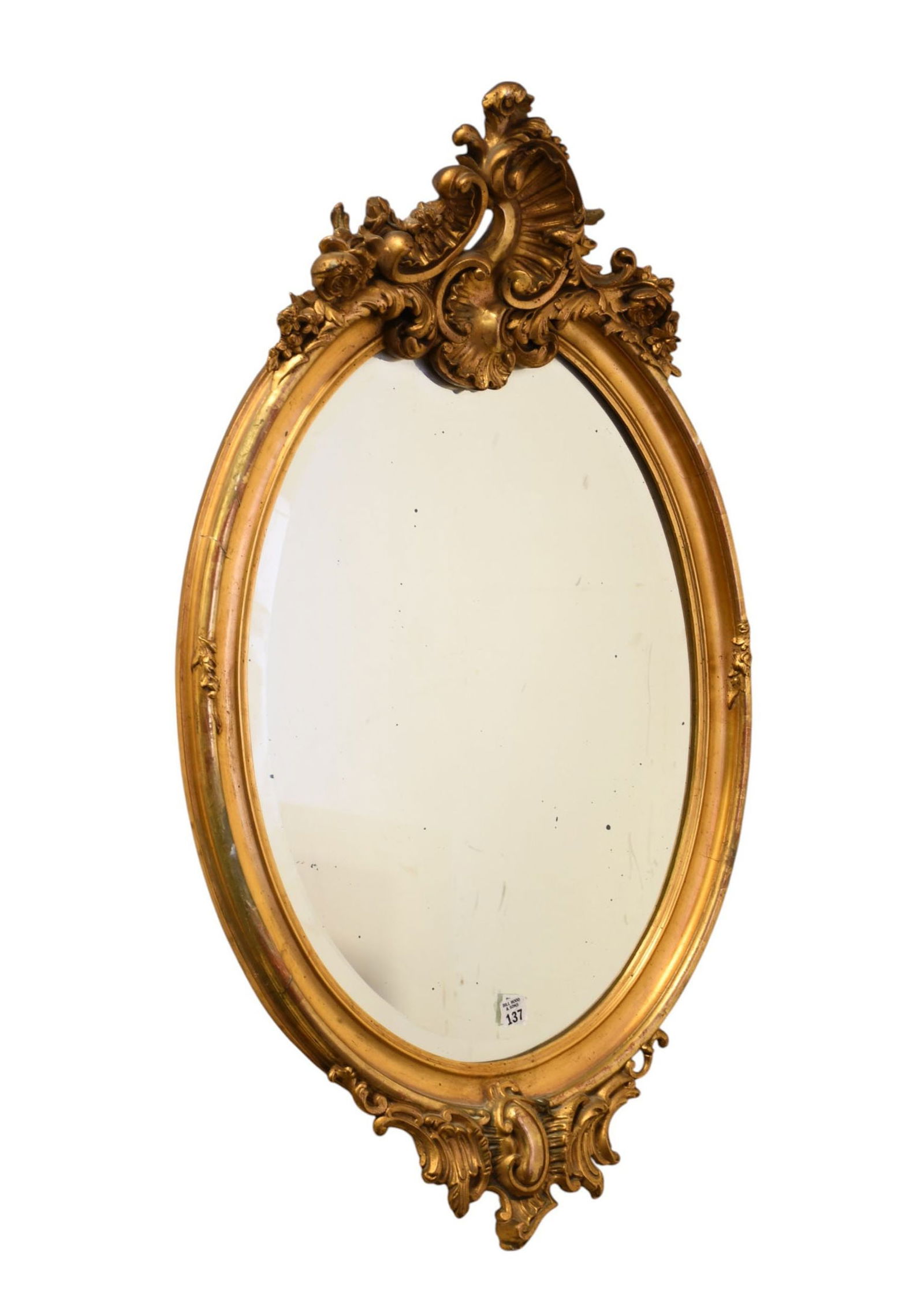 French Oval Gilded Frame Mirror Rococo Scrolls, Leaves & Flowers at Crest, 41"h x 19"w (1 of 3)