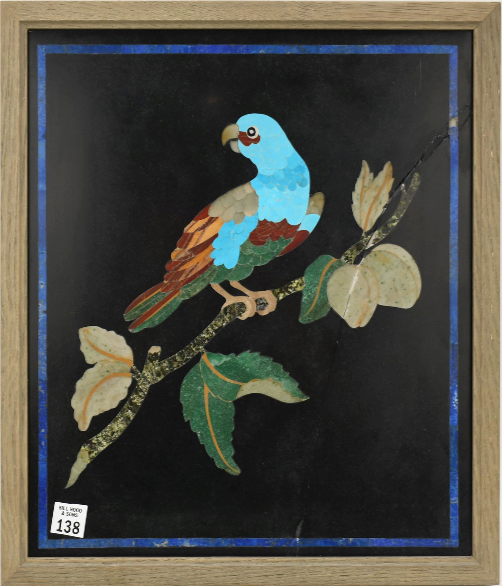 Pietra Dura Plaque, Parrot on Branch, 18"h x 15 1/2"w (large crack): Pietra Dura Plaque, Parrot on Branch, 18"h x 15 1/2"w (large crack)