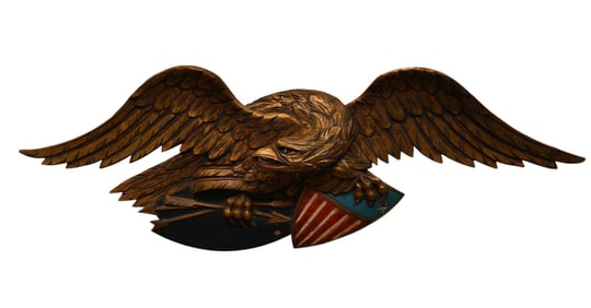 Carved & Painted Wood Eagle, Gilded with Red, White & Blue Shield, Arrows in Talons, 44"w x 15"h