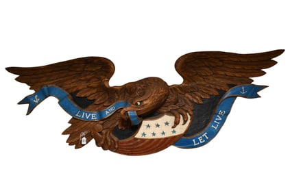 John Bellamy Style Exceptional Vintage American Carved Eagle, Live and Let Live Banner, 77"w x 25"h