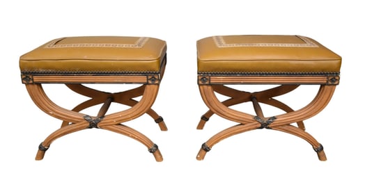 Pair Curule Form Brown Leather Benches, 20"h x 22"w x