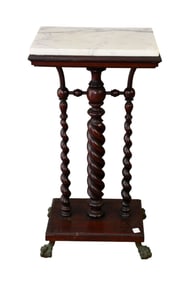 Marble Top Stand on 3 Barley Twist Supports on Platform Base with Brass Claw Feet, 33"H x 17"w x 12