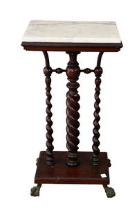 Marble Top Stand on 3 Barley Twist Supports on Platform Base with Brass Claw Feet, 33"H x 17"w x 12: Marble Top Stand on 3 Barley Twist Supports on Platform Base with Brass Claw Feet, 33"H x 17"w x 12 1/2"d ***If this item is not picked up by the Friday following the auction, it will be moved to offs