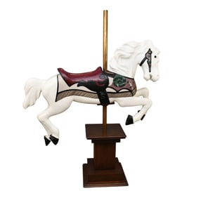 Carousel Flying Horse on Custom Pedestal Stand, Carved & Finished On One Side, Appears Repainted,