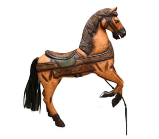 Antique Carousel Wood Horse Germany. 34" H x 7" D x 28" W Tail hair thinning and some chips and
