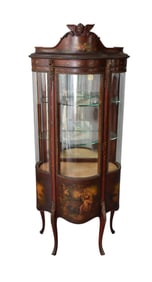 Vernis Martin Style Diminutive Vitrine, Circa 1900, Bowed Side Lights & Cabinet Door, Carved Angel