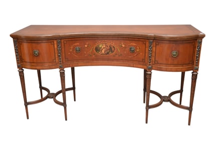 Mahogany Sideboard/Buffet, Circa 1900, Deep Center Drawer Painted in Adam's Style, Flanked By Bowed