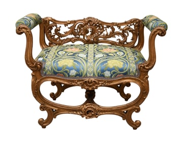 Gilded Carved Wood Rococo Style Bench, Blue Floral Silk Upholstery, 25"h x 33"w x 20"d***If this