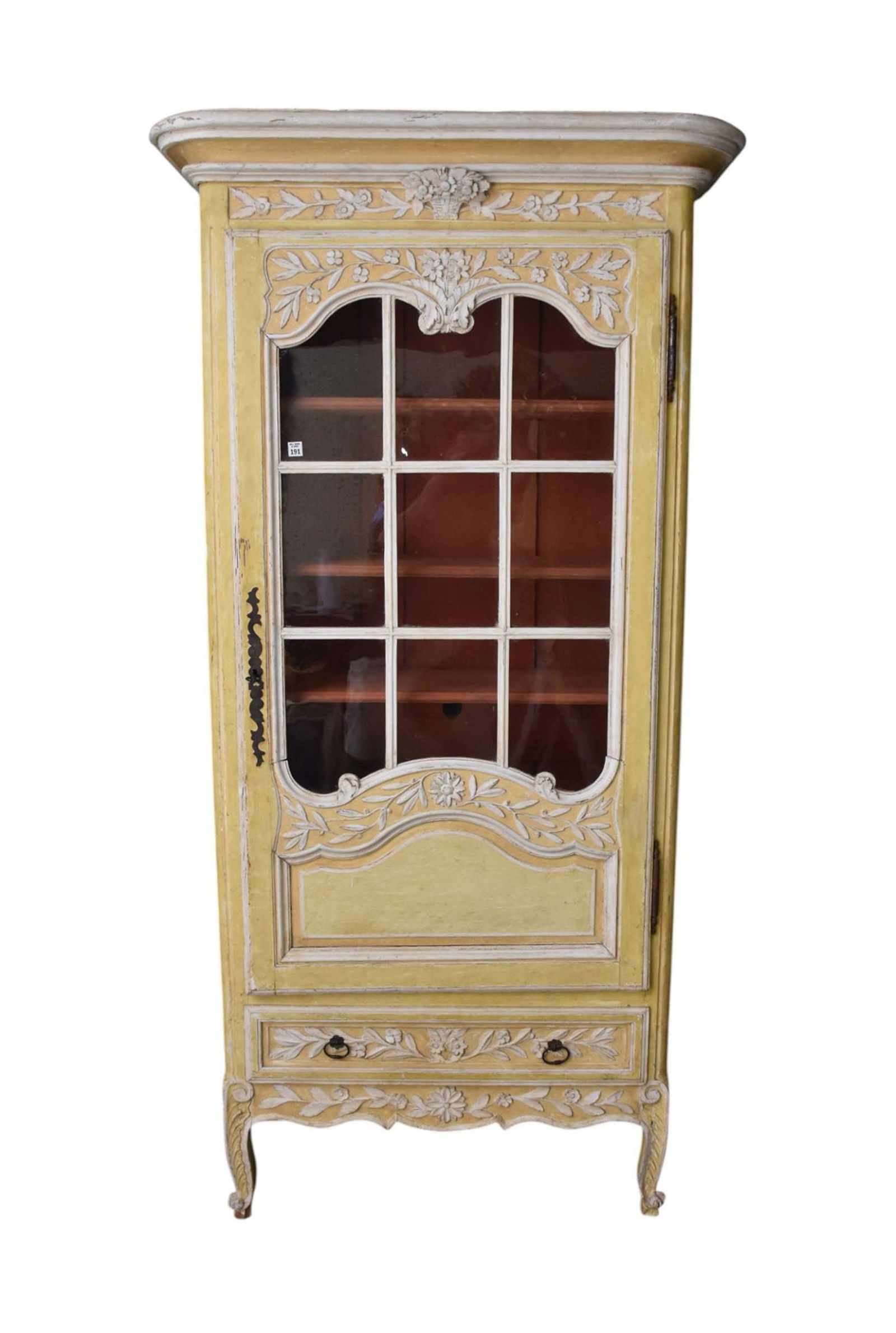 19th c. Country French 3 Pc. Cabinet, Carved Floral Urn at Top Crest over 9 Door with Panes of (1 of 10)