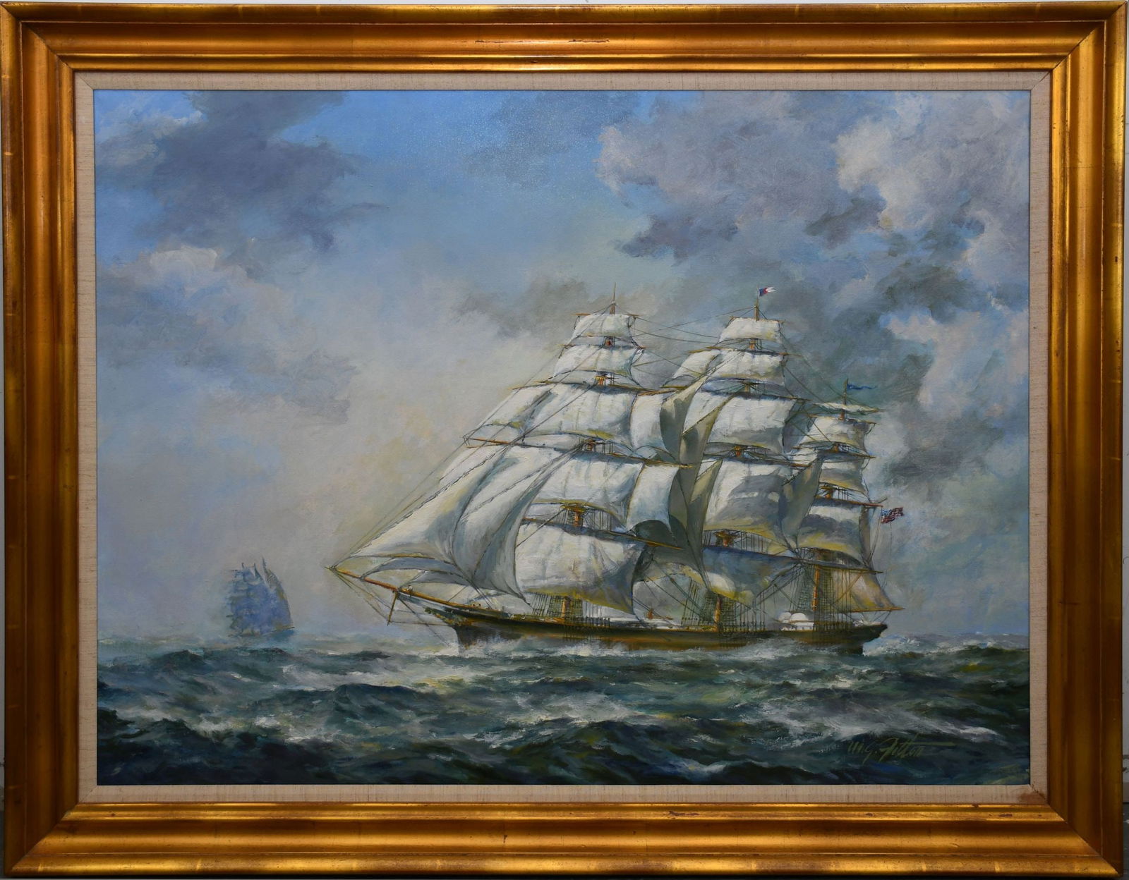 Willard G Fitton (Born c. 1934) oil on canvas, flying cloud clipper ship, signed lower right, oil on (1 of 9)