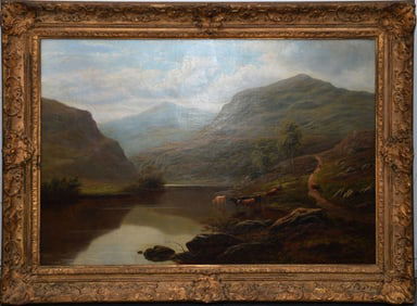 William Mellor (British, 1851-1931) Mountain Lake Scene North Wales. Canvas 24 x 36 inches. Old