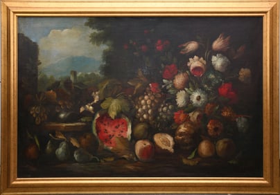 Large Dutch School old master style painting, arrangement of fruit includes melon alongside various
