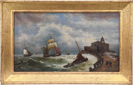 19th Century Dutch School, oil on canvas, Port Scene-sailboats in rough waters pier on right side.