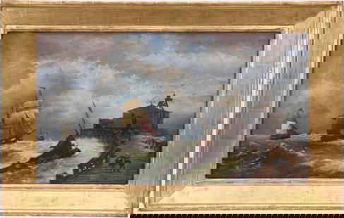 19th Century Dutch School, oil on canvas, Port Scene-sailboats in rough waters pier on right side.: 19th Century Dutch School, oil on canvas, Port Scene-sailboats in rough waters pier on right side. 17 x 29-1/2 inches. Overall framed size is 22 x 35 inches.