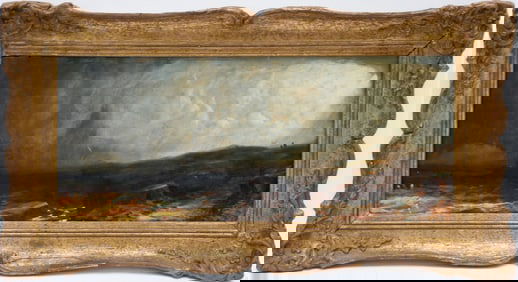 C. Dawson European School ca. 1940's. oil on Masonite panel, Landscape- Storm Approaching, in gilt