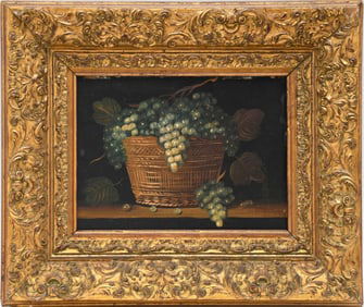 Antique oil on copper, Unsigned. Still Life Grapes in Woven Basket, 9 x 6-1/2 inches. Overall framed