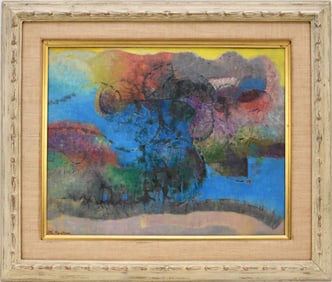 Morris Kantor (New York 1896 - 1974) Oil on board. Landscape titled- Land Water & Sky. 15 ½ x 20