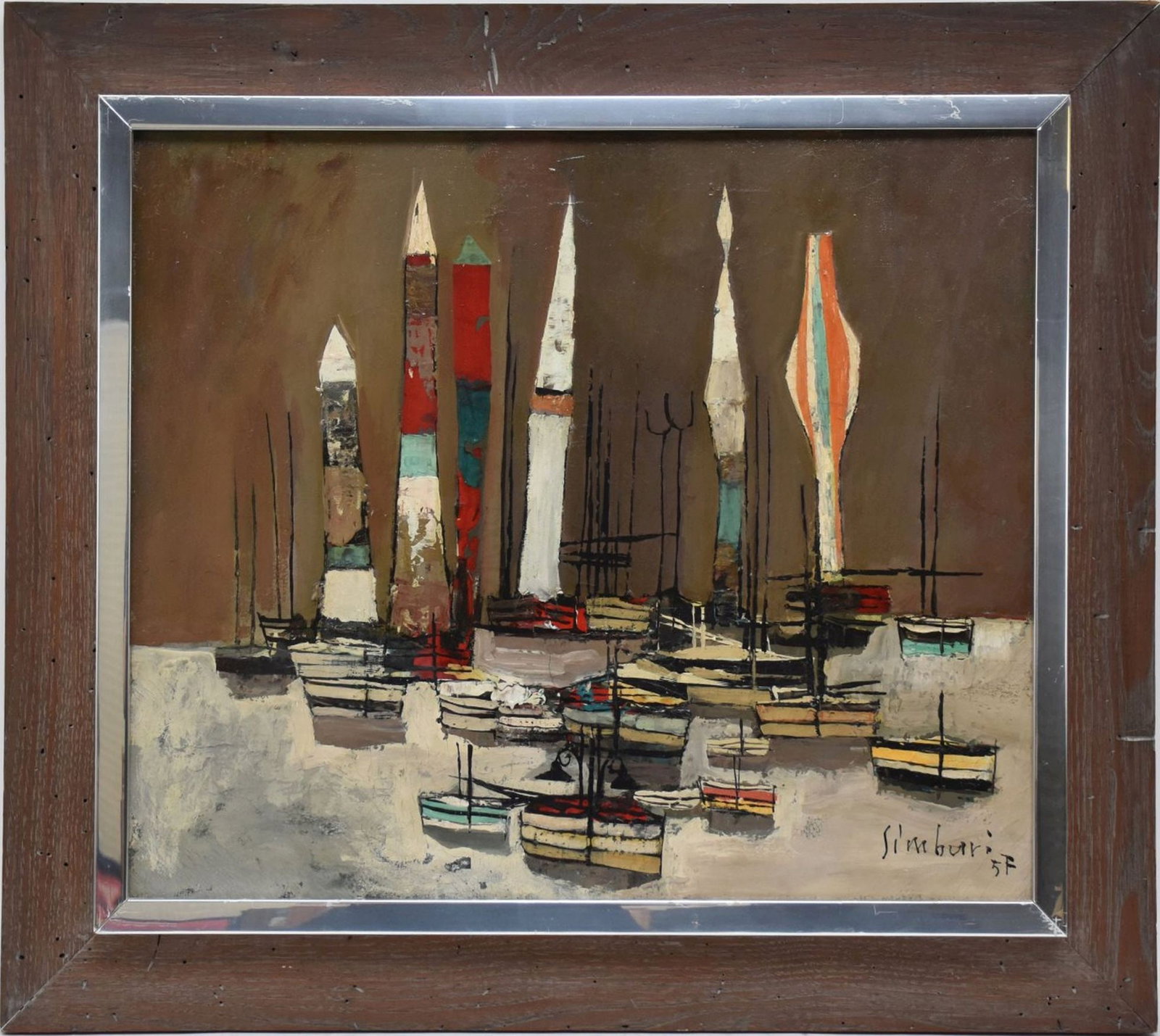Nicola Simbari (Italy 1927 - 2012) oil on canvas, Modernist Sailboats - 57. signed and dated,: Nicola Simbari (Italy 1927 - 2012) oil on canvas, Modernist Sailboats - 57. signed and dated, canvas size 19-1/2 x 23-1/2. overall framed size 26 x 30 inches.