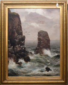 Alexander Mortimer (British c. 1850 - 1913) oil on canvas, 19 century Rocky Shoreline with birds,