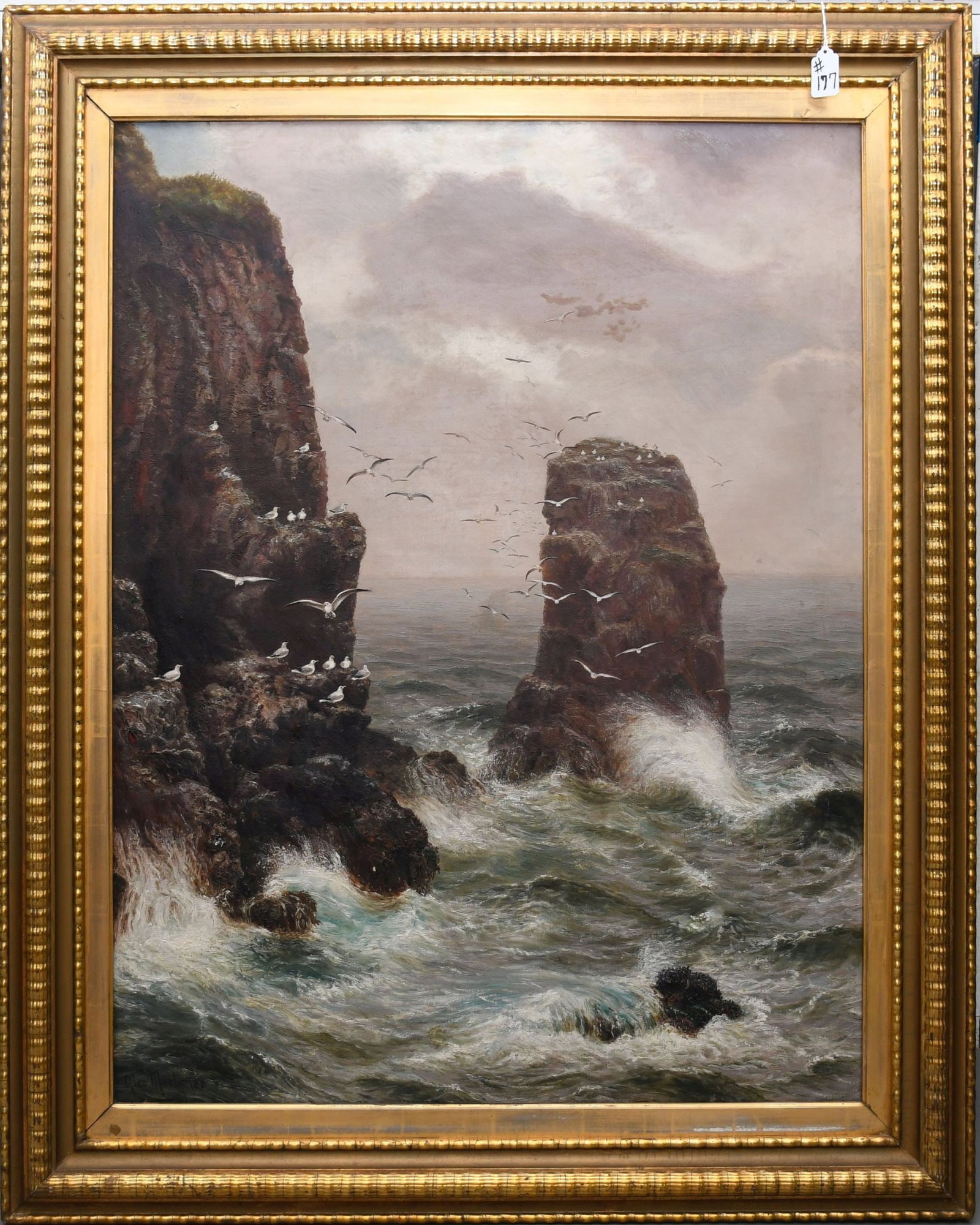Alexander Mortimer (British c. 1850 - 1913) oil on canvas, 19 century Rocky Shoreline with birds,: Alexander Mortimer (British c. 1850 - 1913) oil on canvas, 19 century Rocky Shoreline with birds, signed Alex Mortimer - painting size 36 x 28 inches. Overall framed size 44 x 35 inches. craquelure, c