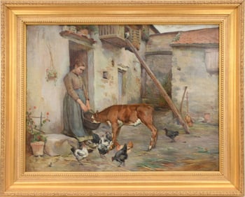 19th Century Continental School, Oil on canvas signed W. Griffin, Girl feeding Cow and Chickens,