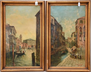 Pair Antique oil on canvas Venetian scenes signed UM Giannini and dated 1906. canvas 16 x 28 inches.